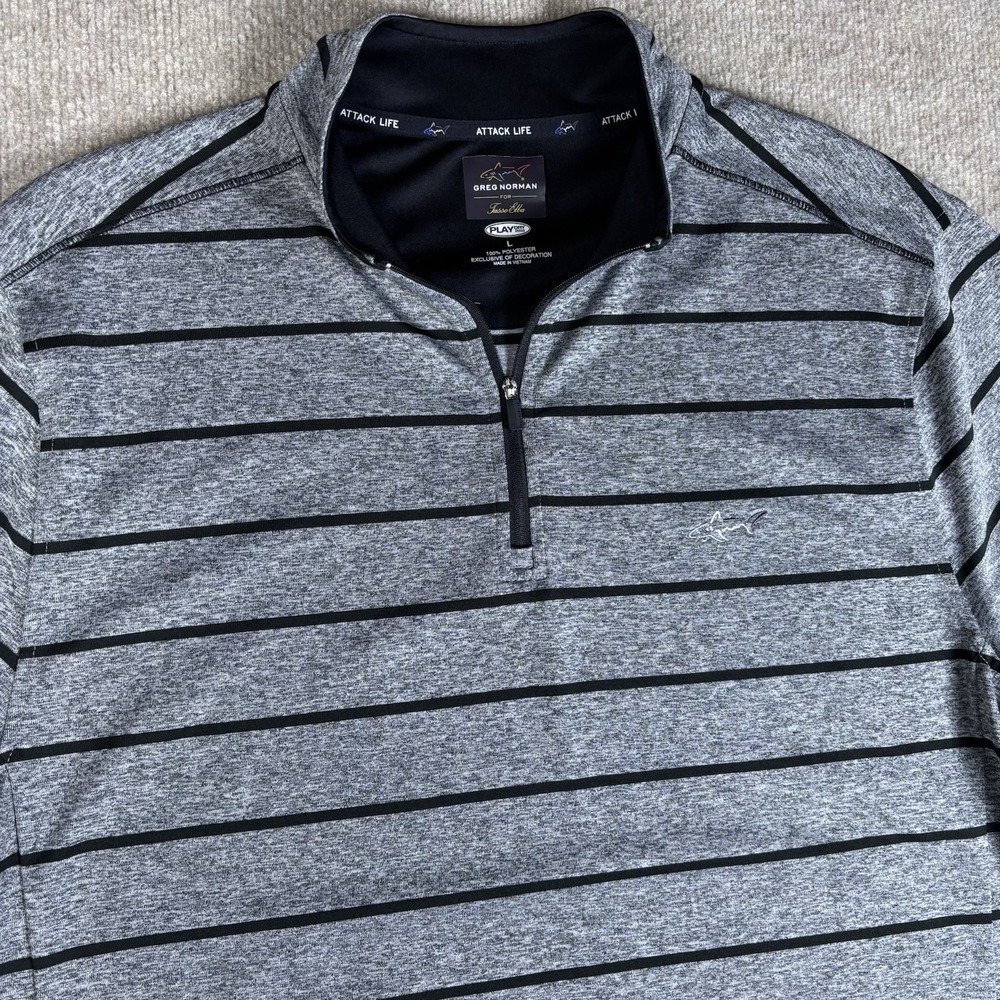 Greg Norman Play Dry 1/4 Zip Pullover Mens Large Gray Striped Golf Performance